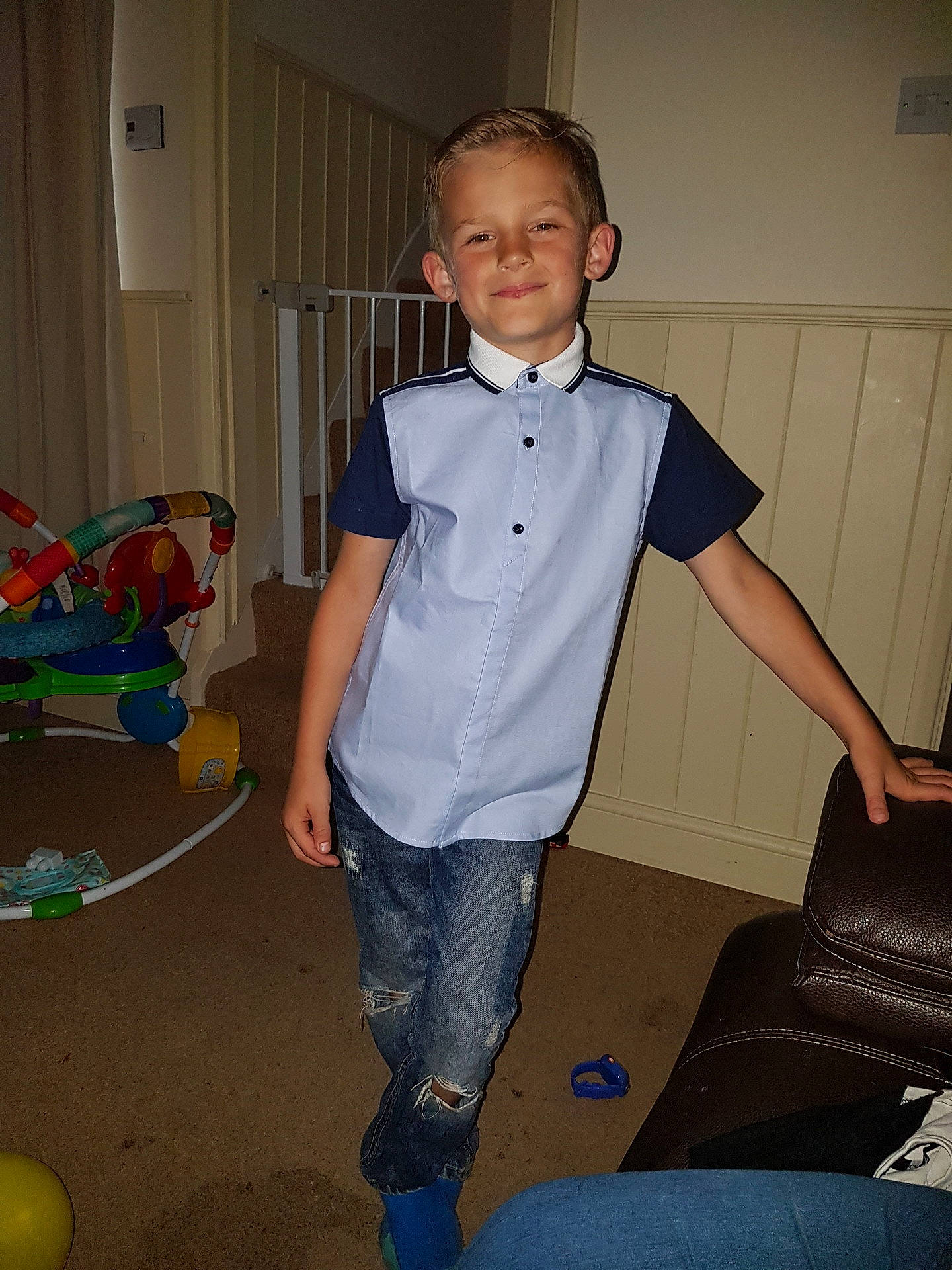 Reece Stevenson joined the competition — help win amazing prizes! arm, blue, boy, child, clothing, day, facial_expression, footwear, fun, girl, joy, leg, outerwear, person, product, shoulder, sitting, smile, standing, t_shirt