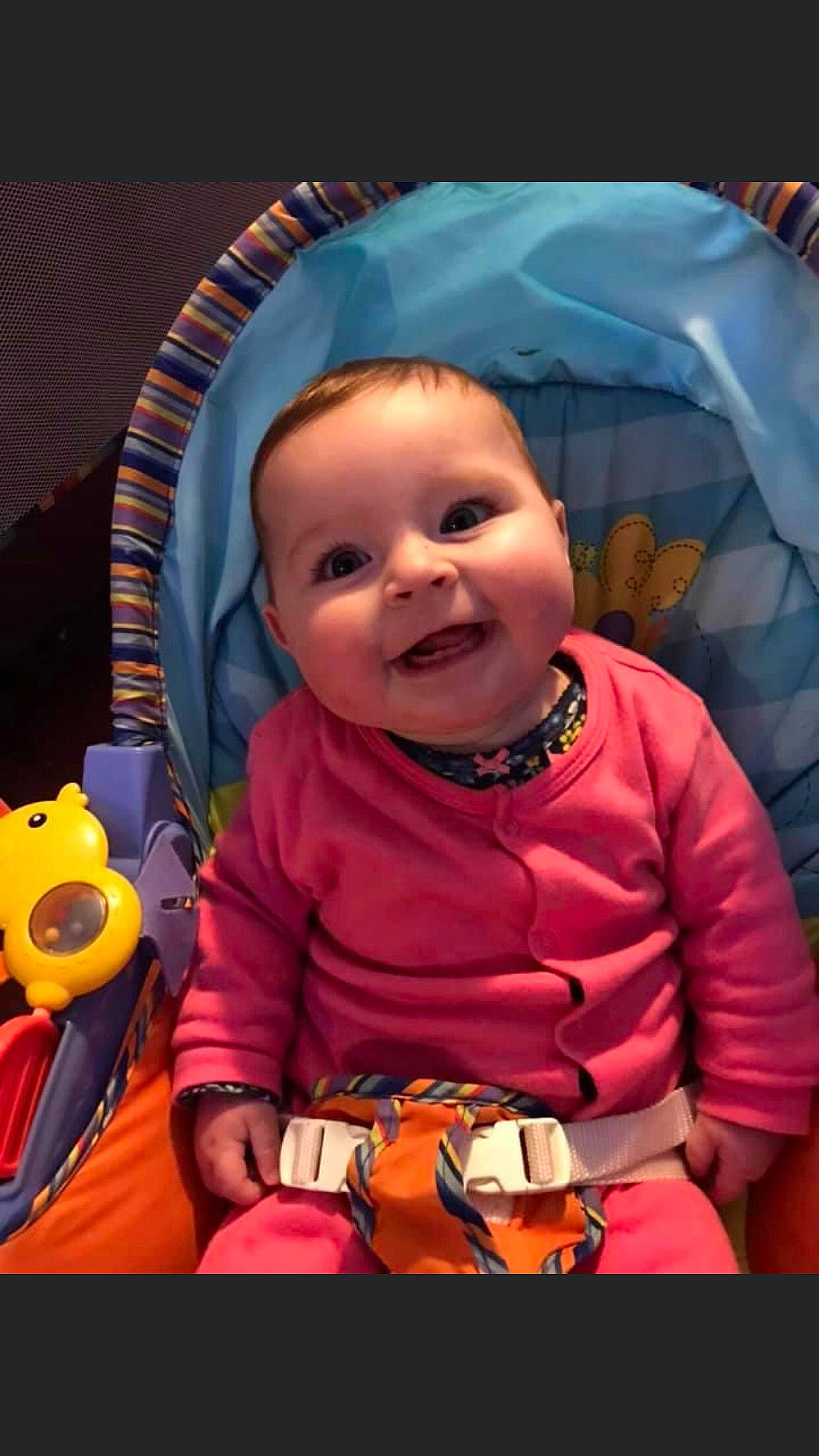 Lya Blue participe au concours pour gagner de l'argent avec cette photo : baby, baby_carriage, cheek, child, clothing, cool, fun, happy, headgear, iris, joy, mouth, orange, outerwear, person, pink, purple, red, sleeve, smile