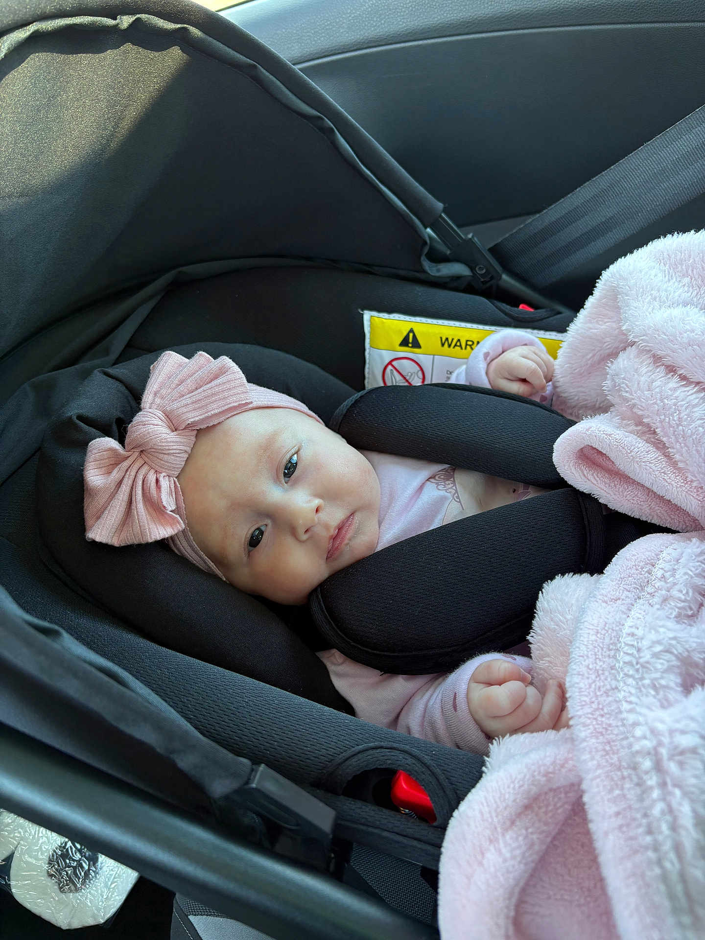 Mia a rejoint le concours — aidez-le/la à gagner de superbes lots ! baby, infant, newborn, car_seat, headband, bow, pink_blanket, blanket, buckle, seatbelt, car_interior, warning_label, canopy, black_cushion, portrait, baby_face, hand, soft_texture, looking_at_camera, awake