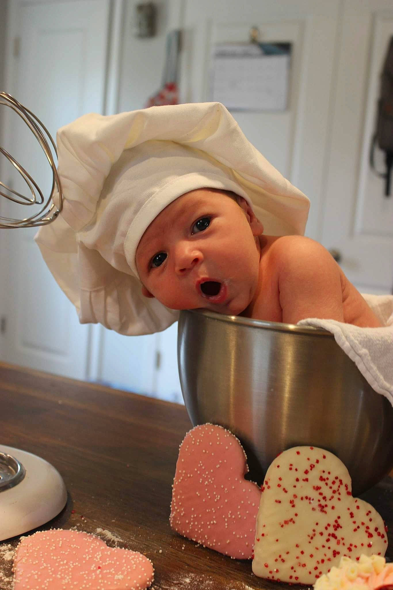 Kensleigh is registered to the contest to win money with this photo: baby, baked_goods, baking, child, comfort, comfort_food, confectionery, cooking, cuisine, dessert, dish, food, hat, headwear, ingredient, person, recipe, room, service, sweetness
