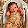 newborn, baby, bathtub, blanket, wrapped, wet_hair, curious, infant, skin, child, portrait, soft_lighting, indoors, cozy, resting, small_bath, neutral_colors, peaceful, cute, young