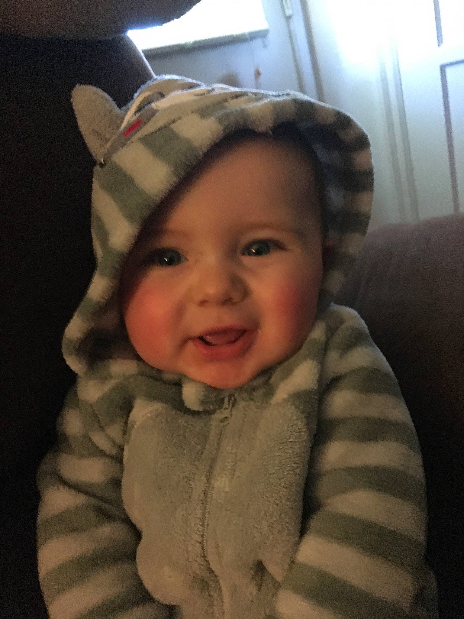 Brenton is registered to the contest to win money with this photo: baby, bonnet, cheek, child, ear, eye, face, forehead, fur, hat, head, headgear, headwear, iris, organ, person, skin, smile, toddler
