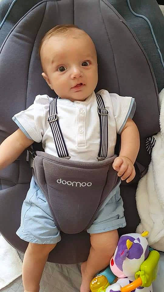 Mattéo participe au concours pour gagner de l'argent avec cette photo : baby, baby_carriage, baby_products, baby_safety, baby_toddler_clothing, black, car_seat, child, comfort, face, happy, head, person, product, sitting, skin, sleeve, toddler, toy, white