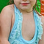 child, girl, portrait, blue_dress, wet_hair, pigtails, smile, green_background, orange_background, summer, outdoor, cute, young, skin, face, earrings, person, fashion, happy, innocent