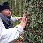 Barbara a rejoint le concours — aidez-le/la à gagner de superbes lots ! baby, child, forest, tree, moss, bark, nature, outdoor, person, hat, jacket, hand, adult, woods, exploration, green, plants, branches, trunk, curious