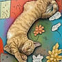 cat, ginger_cat, sleeping, curled_up, tabby, feline, pet, animal, colorful_background, artistic, floor_art, flowers, whimsical, relaxed, cute, domestic_cat, fur, cozy, resting, orange_cat