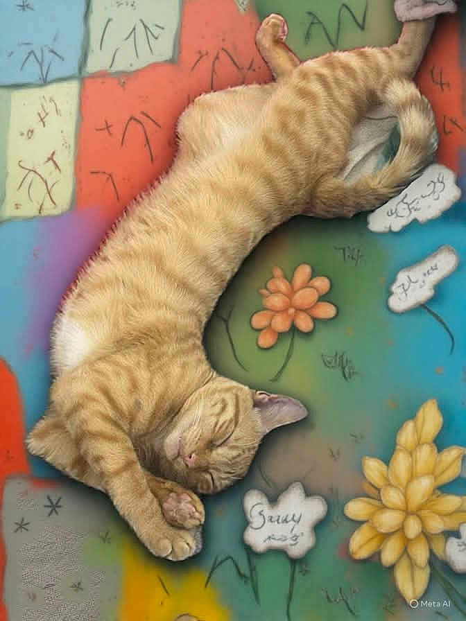 Tigger is registered to the contest to win money with this photo: cat, ginger_cat, sleeping, curled_up, tabby, feline, pet, animal, colorful_background, artistic, floor_art, flowers, whimsical, relaxed, cute, domestic_cat, fur, cozy, resting, orange_cat