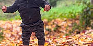 Zahkai is registered to the contest to win money with this photo: child, toddler, autumn, leaves, fall, outdoor, nature, forest, hat, camo_pants, smiling, happy, walking, seasonal, young_child, clothing, greenery, daylight, playful, exploring
