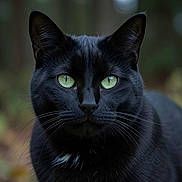 Baby is registered to the contest to win money with this photo: black_cat, cat, animal, pet, feline, close_up, green_eyes, whiskers, portrait, outdoor, nature, fur, face, eyes, mammal, domestic_animal, cute, alert, animal_portrait, focused