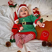 Sophia participe au concours pour gagner de l'argent avec cette photo : baby, celebration, child, christmas_elf, cozy, cute, feet, festive, gingerbread_house, green_outfit, happy, holiday_decor, indoors, pinecone, plush_toy, red_hat, smiling, striped_pants, toy, white_blanket