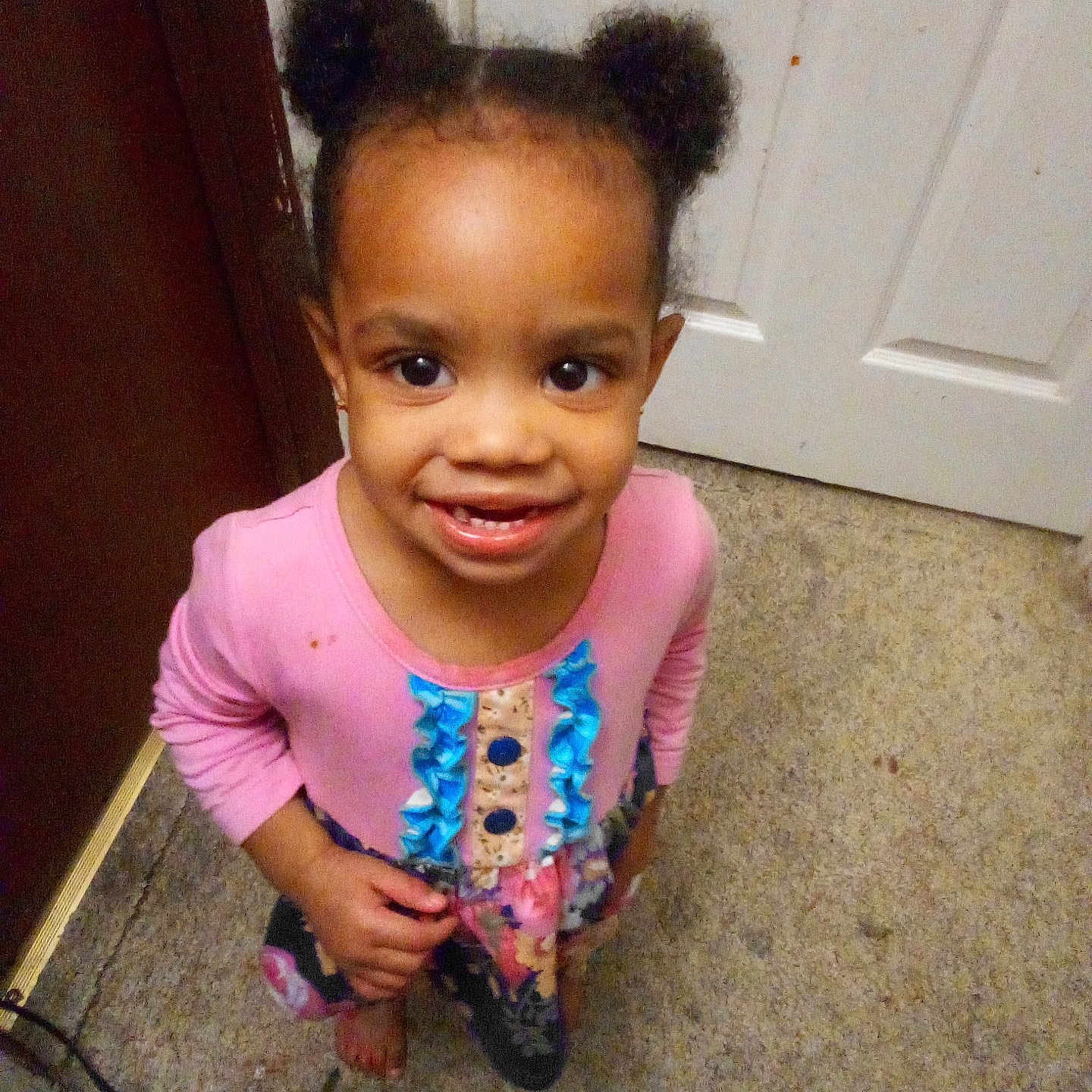 Na'Omi joined the competition — help win amazing prizes! accessories, bodypart, child, clothing, door, face, female, girl, happy, head, jewelry, mouth, necklace, pants, person, photography, portrait, purple, t_shirt, teeth