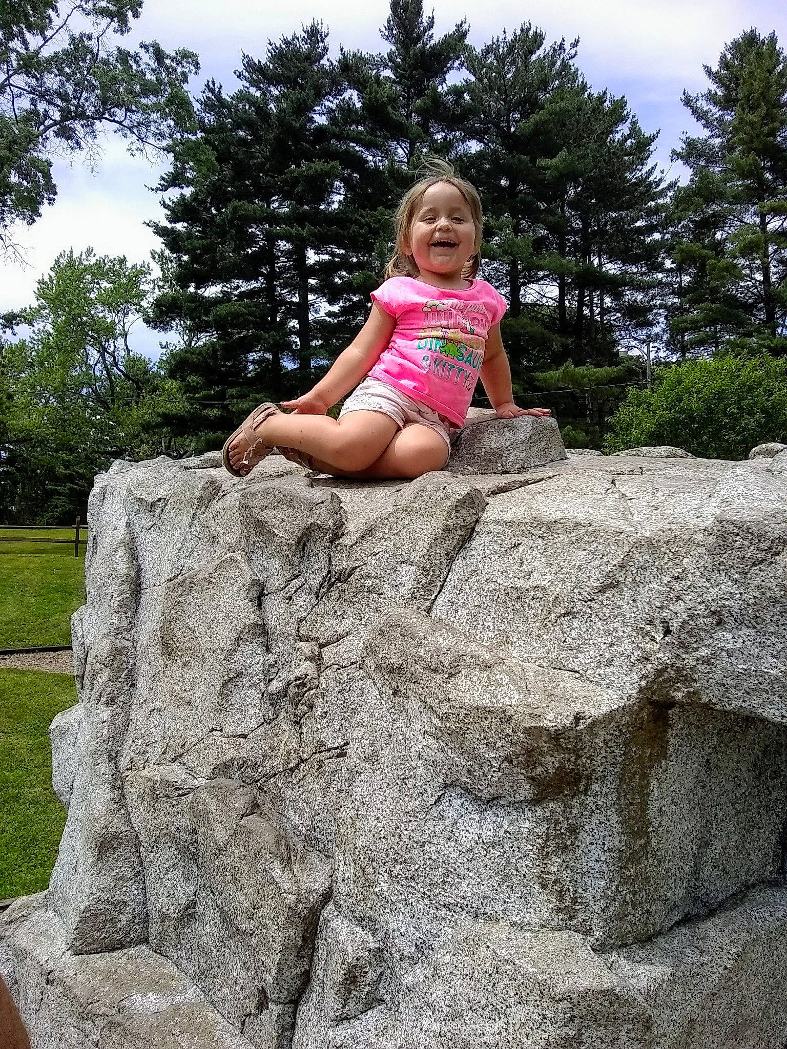 Emma is registered to the contest to win money with this photo: bedrock, boulder, child, fawn, fun, geology, grass, landscape, leg, leisure, outcrop, person, photograph, photography, pink, plant, rock, sitting, summer, tree