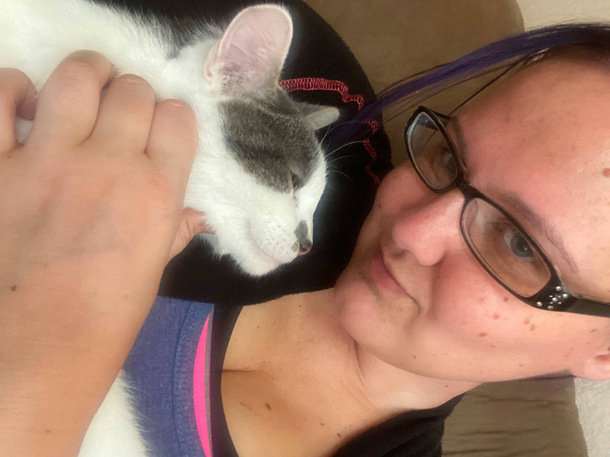 Hurricane is registered to the contest to win money with this photo: arm, carnivore, cat, comfort, ear, eyebrow, eyelash, eyewear, finger, gesture, glasses, hand, head, human_body, jaw, mouth, nose, organ, skin, vision_care