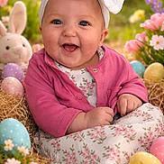 Lakelyn joined the competition — help win amazing prizes! baby, child, smiling, headband, bow, pink_clothing, floral_dress, easter_eggs, flowers, spring, nature, grass, cute, portrait, happy, outdoor, sunlight, toy_rabbit, holiday, seasonal