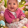 baby, child, smiling, headband, bow, pink_clothing, floral_dress, easter_eggs, flowers, spring, nature, grass, cute, portrait, happy, outdoor, sunlight, toy_rabbit, holiday, seasonal