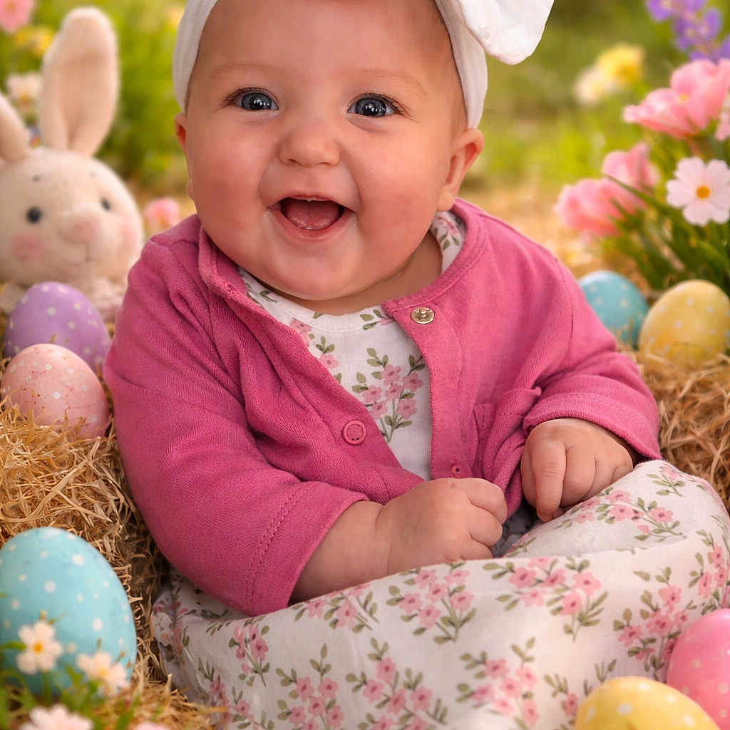 Lakelyn joined the competition — help win amazing prizes! baby, child, smiling, headband, bow, pink_clothing, floral_dress, easter_eggs, flowers, spring, nature, grass, cute, portrait, happy, outdoor, sunlight, toy_rabbit, holiday, seasonal