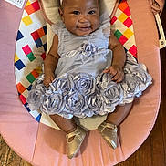 Rala joined the competition — help win amazing prizes! baby, infant, dress, flower_headband, smile, baby_seat, plush_toy, sun_toy, cloud_toy, colorful, wooden_floor, silver_shoes, happy, cute, indoors, child, person, sitting, headband, toddler
