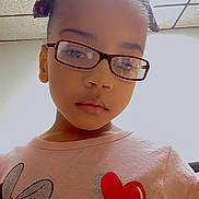 Nene joined the competition — help win amazing prizes! child, glasses, pink_shirt, minnie_mouse, heart, hair_ties, indoor, ceiling, fluorescent_light, portrait, young_girl, casual_clothing, face, expression, person, fashion, cute, childhood, closeup, looking_down