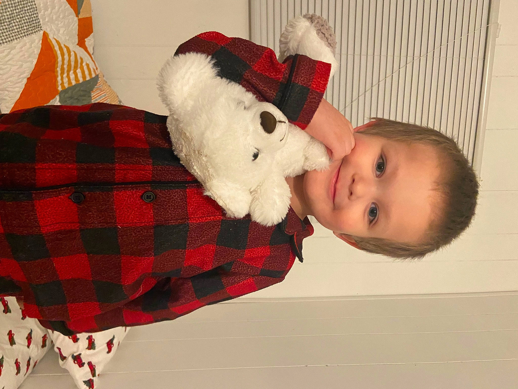 Fynn joined the competition — help win amazing prizes! baby, baby_toddler_clothing, carmine, child, christmas, collar, event, happy, holiday, joy, lap, pattern, person, plaid, red, room, santa_claus, sleeve, smile, tartan