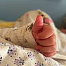baby_hand, thumbs_up, close_up, infant, cute, floral_pattern, blanket, sleeve, soft_texture, skin, baby_clothing, tiny_fingers, warm, comfort, cozy, child, infancy, hand_gesture, fingers, newborn