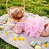 Kylie joined the competition — help win amazing prizes! baby, infant, pink_dress, tutu, blanket, grass, outdoor, easter_eggs, basket, flowers, yellow_flowers, headband, crawling, spring, nature, cute, child, holiday, festive, portrait