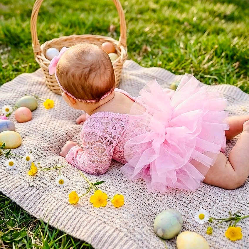 Kylie joined the competition — help win amazing prizes! baby, infant, pink_dress, tutu, blanket, grass, outdoor, easter_eggs, basket, flowers, yellow_flowers, headband, crawling, spring, nature, cute, child, holiday, festive, portrait