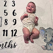 Nickolas joined the competition — help win amazing prizes! baby, infant, child, smiling, lying_down, milestone_blanket, number_seven, month_marker, onesie, clothing, plush_toy, elephant, nursery, portrait, indoor, blanket, happy, feet, playful, photography