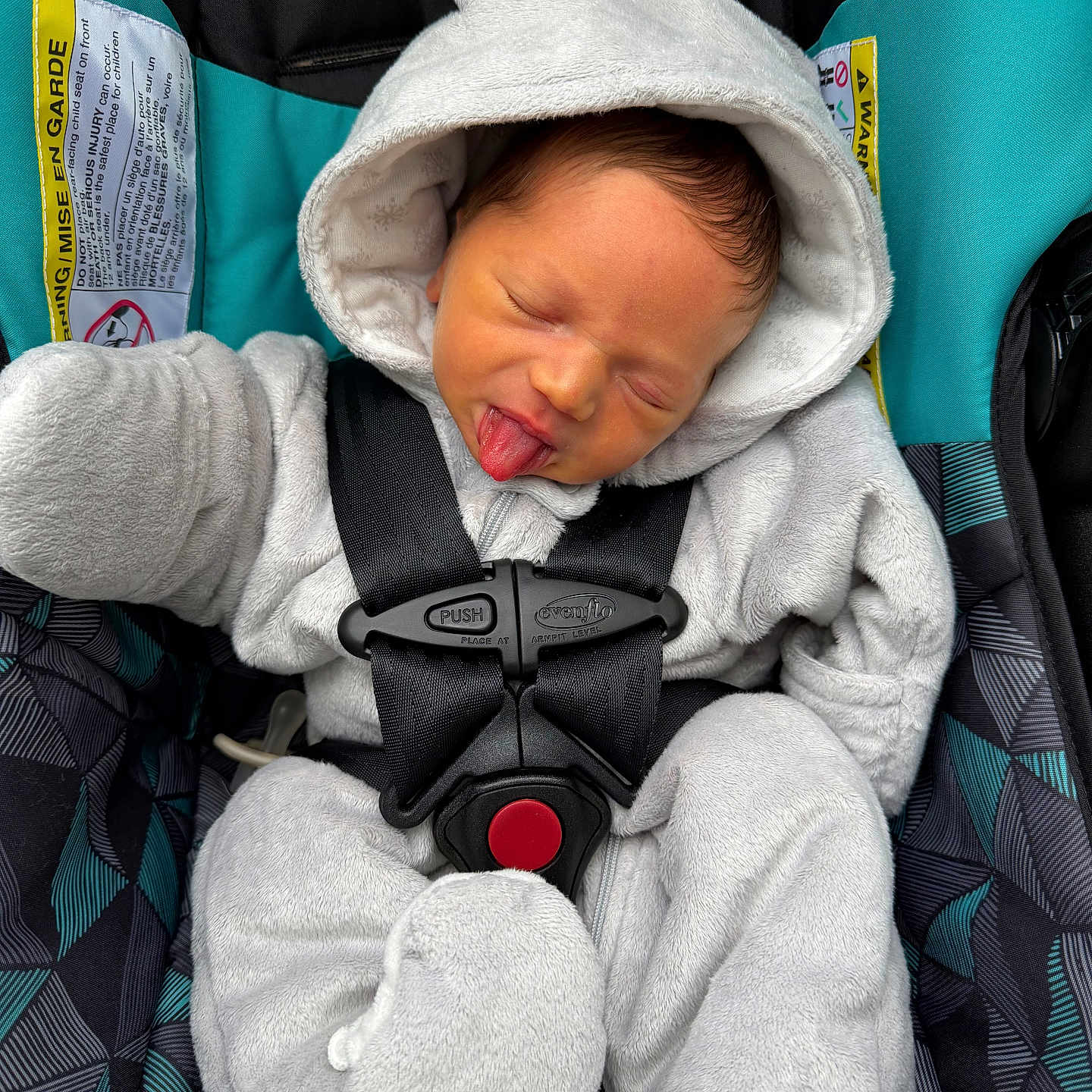 Elliot is registered to the contest to win money with this photo: baby, infant, child, car_seat, onesie, hood, tongue_out, straps, cozy, sleepy, cute, seatbelt, patterned, fabric, small_person, portrait, indoors, soft_texture, wrapped, secure