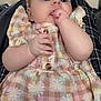 Adelynn joined the competition — help win amazing prizes! baby, infant, child, dress, headband, hand, fingers, sitting, indoors, plaid_pattern, flower_pattern, cute, skin, face, blue_eyes, button, fabric, comfort, relaxation, person