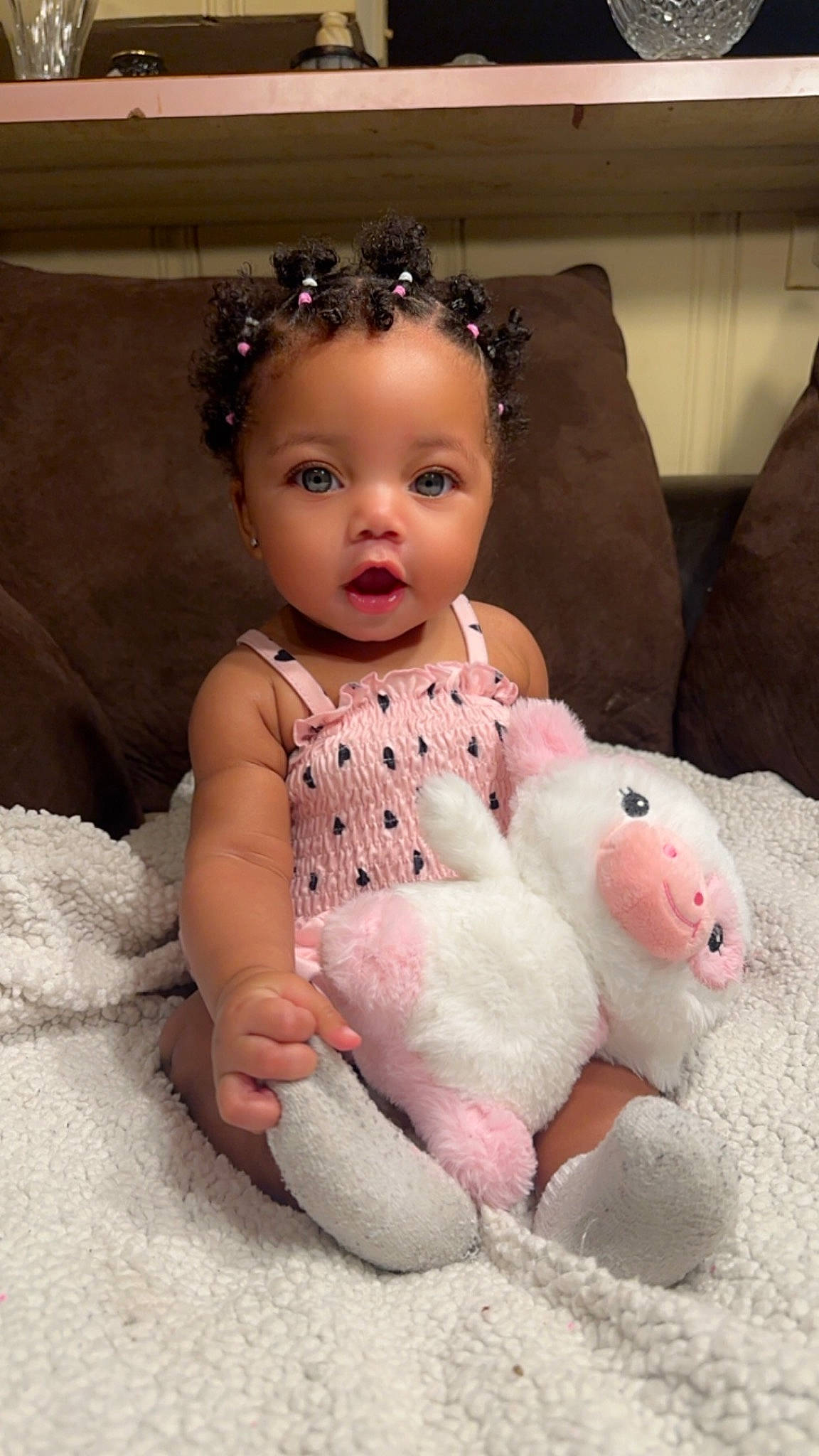 Azia joined the competition — help win amazing prizes! baby, baby_toddler_clothing, cheek, child, comfort, dress, eyelash, foot, fur, jewellery, linens, pattern, person, pink, room, sitting, skin, sleeve, sunglasses, surprise