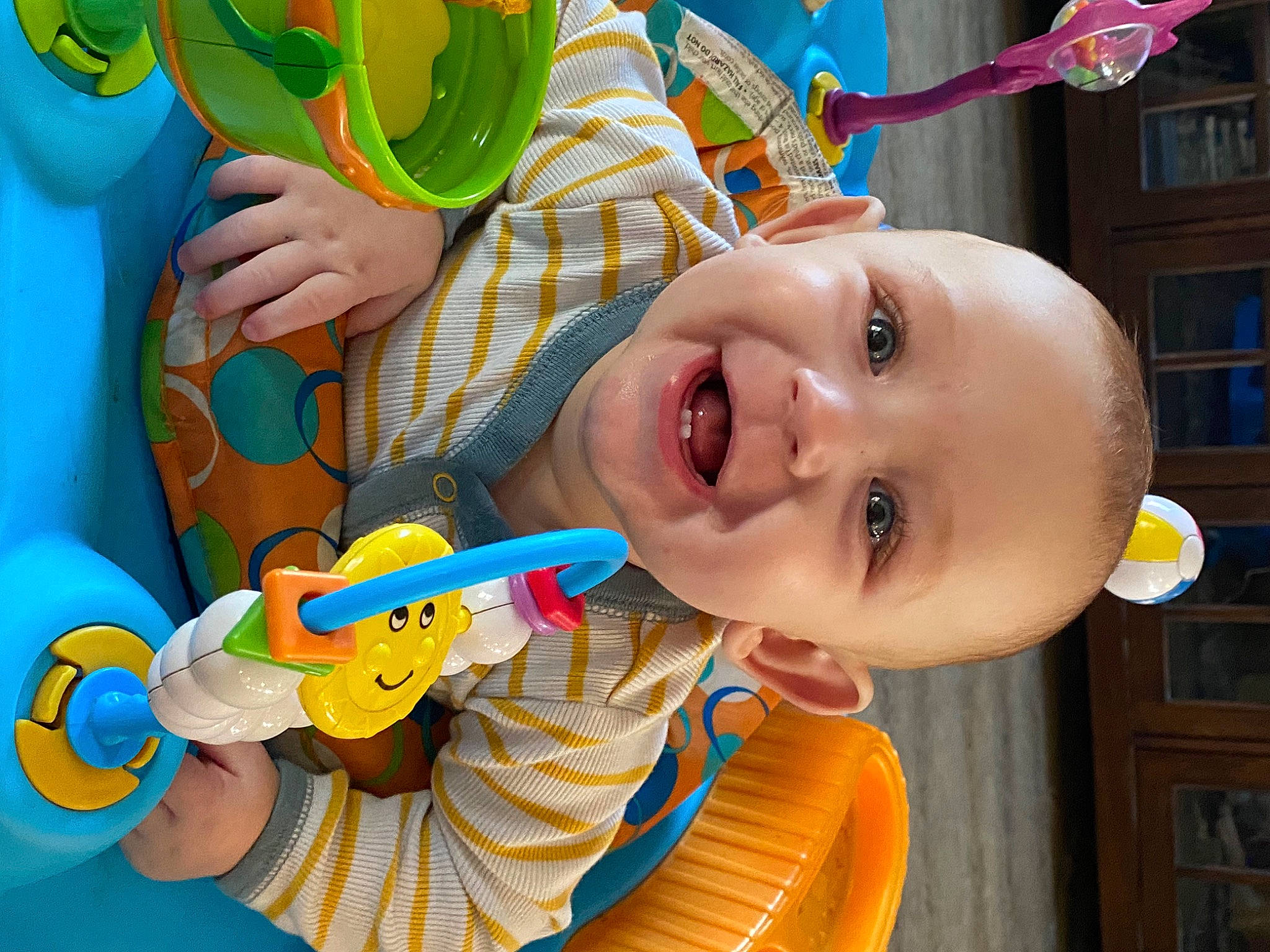 Finn joined the competition — help win amazing prizes! baby, baby_playing_with_toys, baby_toddler_clothing, cheek, child, facial_expression, fun, green, happy, head, joy, leisure, mouth, nose, organ, person, skin, smile, toddler, toy