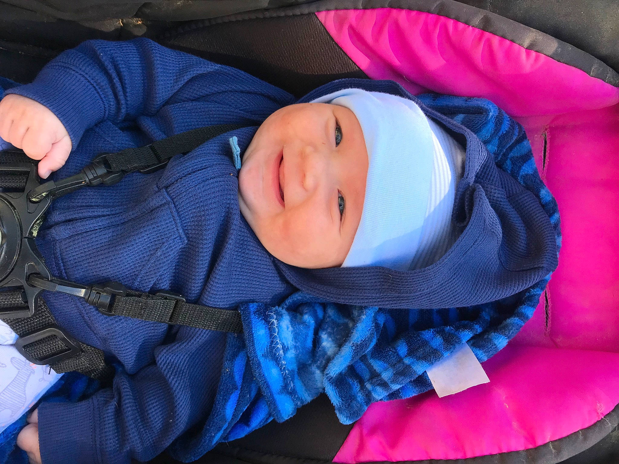 Castiel is registered to the contest to win money with this photo: baby, baby_products, baby_toddler_clothing, blue, carmine, cheek, child, comfort, cool, electric_blue, fashion_accessory, fun, headwear, joy, magenta, pattern, person, purple, sleeve, smile