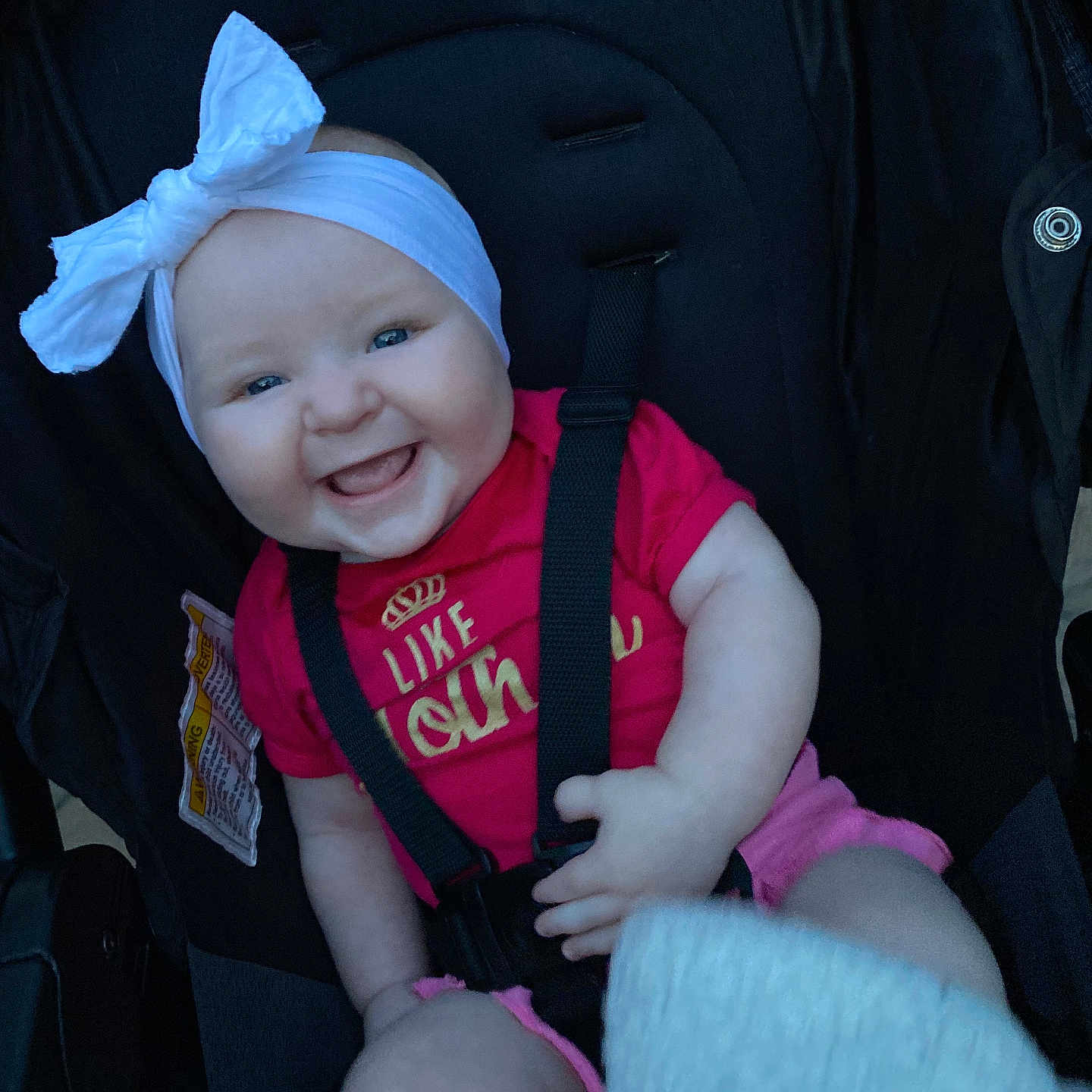 Luciana is registered to the contest to win money with this photo: baby, bow, child, clothing, cute, face, happy, headband, infant, joyful, person, pink, portrait, seatbelt, sitting, smiling, strap, stroller, white, young