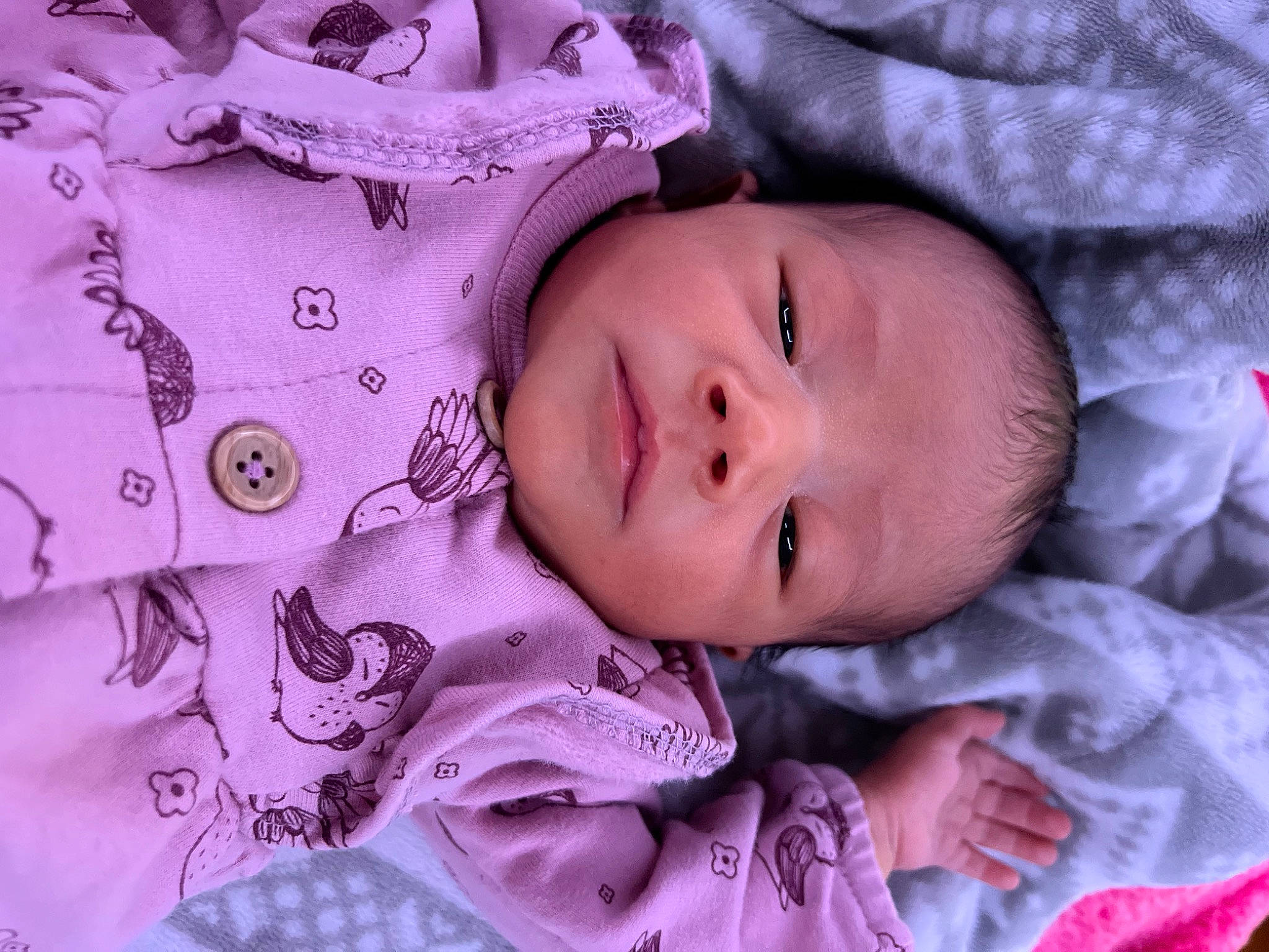 Nalani is registered to the contest to win money with this photo: baby, baby_toddler_clothing, cheek, chin, eye, eyebrow, face, facial_expression, head, iris, lip, nose, person, pink, purple, skin, sleeve, smile, textile, toddler