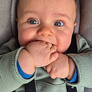 élio participe au concours pour gagner de l'argent avec cette photo : baby, blue_eyes, car_seat, chewing, child, close_up, clothing, comfort, cute, expression, fingers, green_sweater, hands, indoor, infant, portrait, seat, skin, straps, young