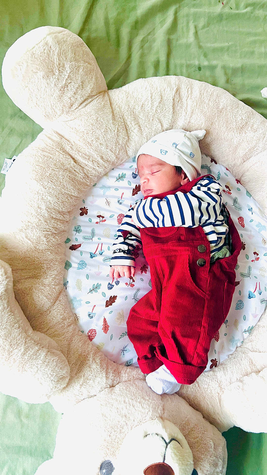 Sambhrit joined the competition — help win amazing prizes! newborn, baby, sleeping, plush_toy, teddy_bear, bed, red_overalls, striped_shirt, hat, cushion, leaf_pattern, green_blanket, infant, cozy, soft, cute, child, resting, indoors, comfort