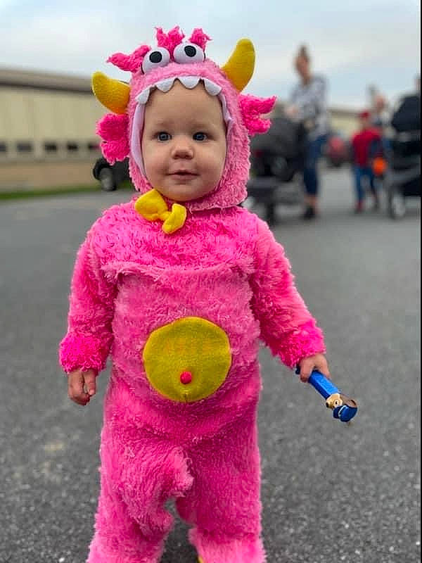 Scarlett joined the competition — help win amazing prizes! baby, baby_toddler_clothing, child, cloud, costume, fun, happy, headwear, magenta, party_supply, person, pink, purple, red, sky, sleeve, smile, stuffed_toy, toddler, toy