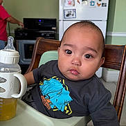 Anthony is registered to the contest to win money with this photo: baby, child, high_chair, sippy_cup, kitchen, toddler, indoor, person, refrigerator, magnet, stove, cup, drink, clothing, table, furniture, face, expression, bottle, seat