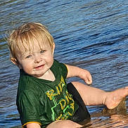 Knox is registered to the contest to win money with this photo: toddler, child, water, sitting, wet_hair, green_shirt, smiling, happy, outdoor, play, splashing, summer, nature, river, barefoot, young_child, skin, face, blue_eyes, fun