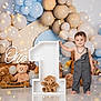 Ean joined the competition — help win amazing prizes! toddler, child, birthday, number_one, balloons, teddy_bears, smiling, barefoot, denim_overalls, bracelet, chain_necklace, celebration, decorations, studio, pose, cute, happy, indoor, toy, party