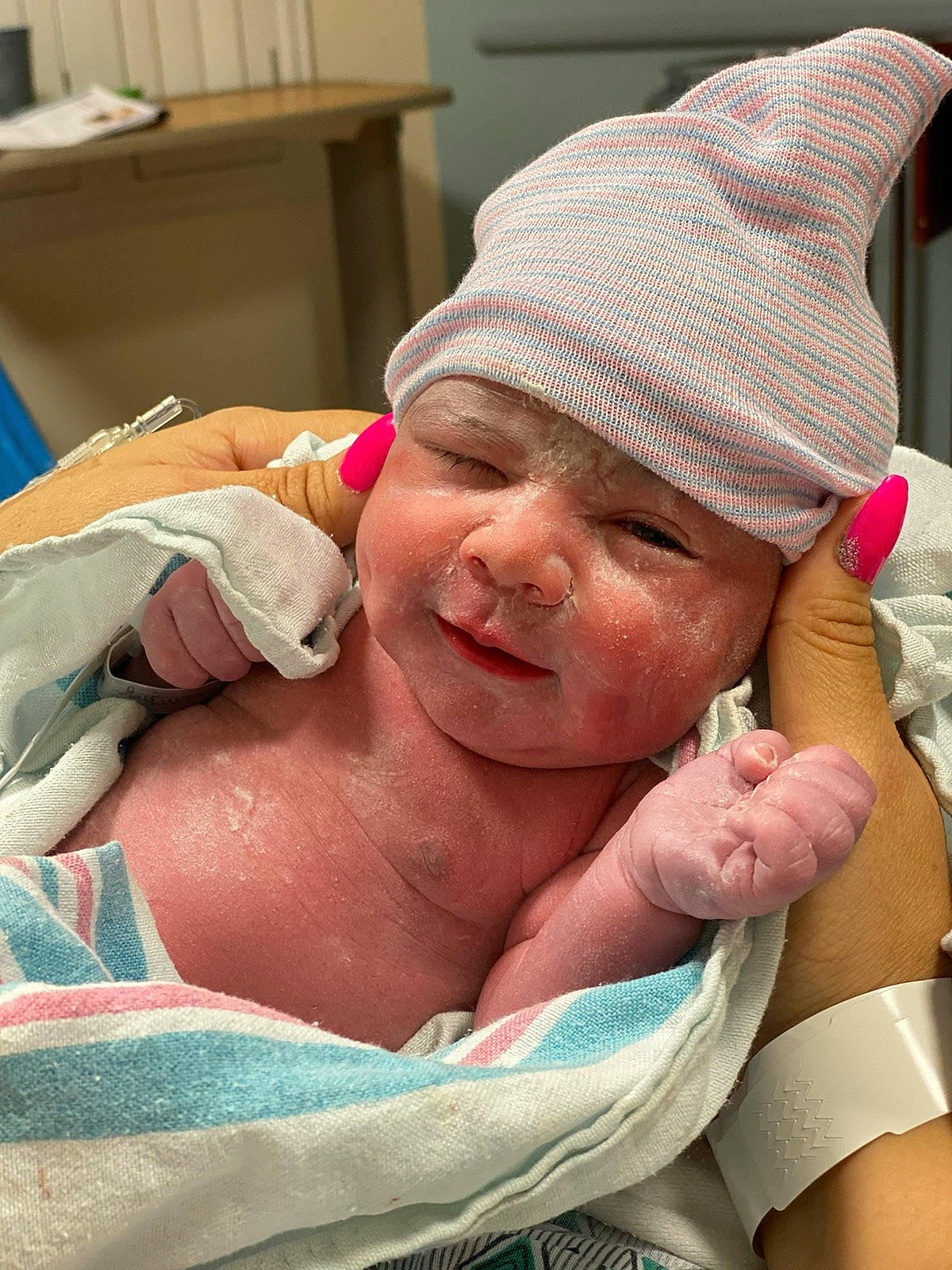 Imani joined the competition — help win amazing prizes! baby, baby_sleeping, cap, cheek, chest, chin, comfort, finger, fun, gesture, hand, hat, headgear, headwear, mouth, neck, person, pink, skin, smile