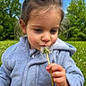 Mya participe au concours pour gagner de l'argent avec cette photo : child, toddler, dandelion, flower, outdoor, nature, greenery, sky, clouds, jacket, blue, grass, hand, face, curious, portrait, young, cute, season_spring, daylight
