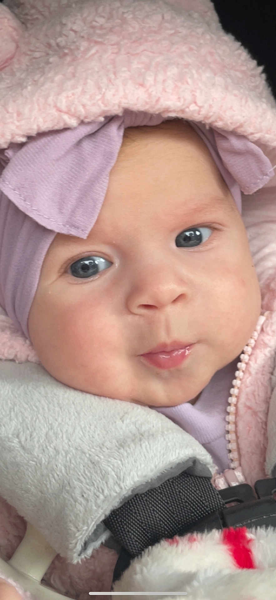 Layla is registered to the contest to win money with this photo: baby, infant, face, blue_eyes, pink_clothing, purple_headband, hood, zipper, blanket, car_seat, closeup, cute, child, soft_texture, warm, pout, expression, person, portrait, indoors