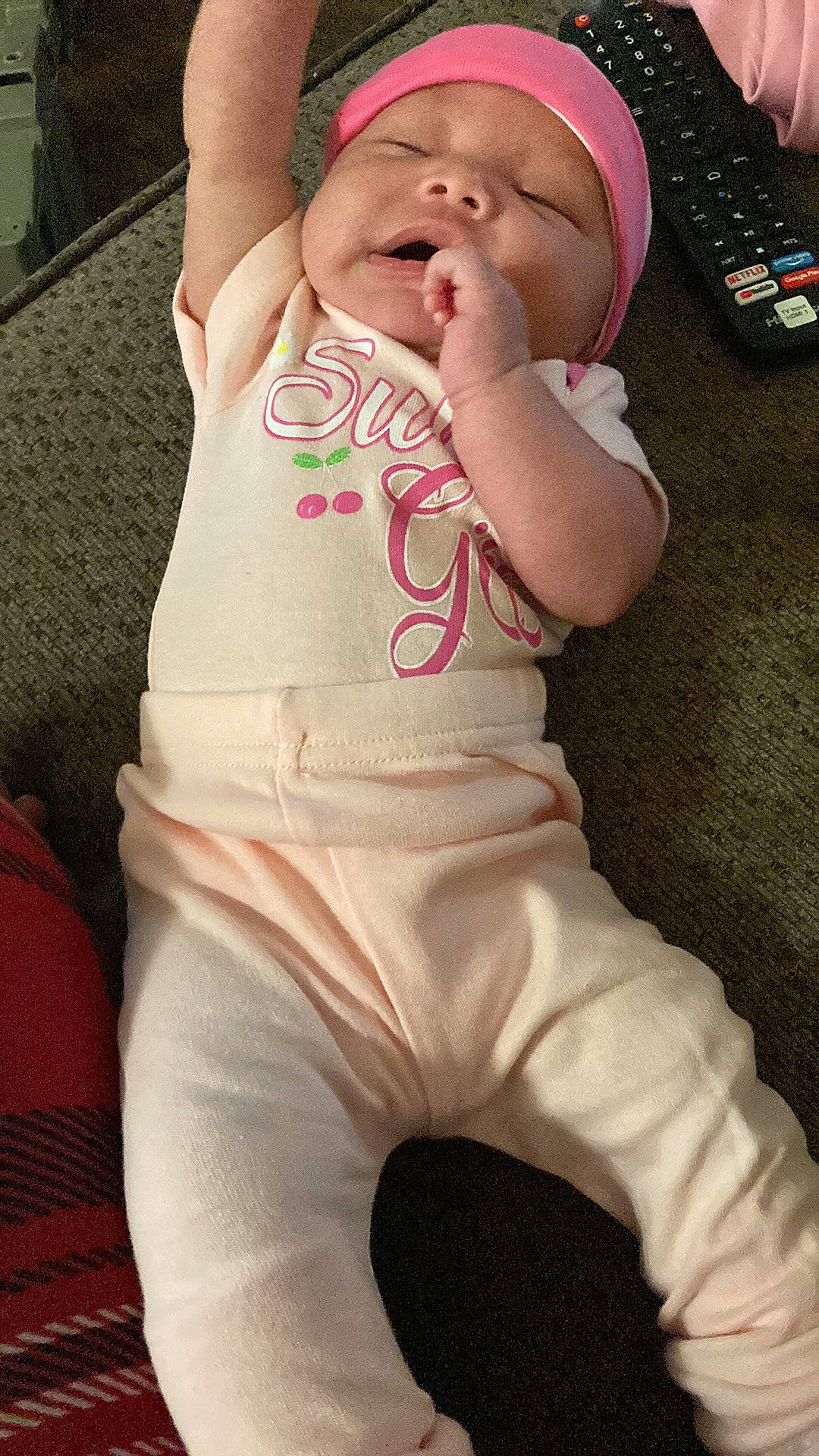 Kyalynn joined the competition — help win amazing prizes! abdomen, baby, baby_safety, baby_sleeping, baby_toddler_clothing, cheek, chest, child, comfort, finger, human_body, knee, mouth, person, pink, skin, sleeve, stomach, thigh, toddler