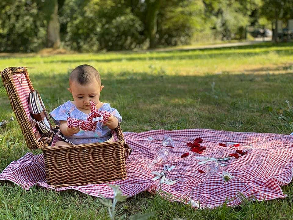 Ilyana a rejoint le concours — aidez-le/la à gagner de superbes lots ! basket, child, furniture, grass, home_accessories, leisure, net, outdoor_furniture, person, picnic, picnic_basket, plant, recreation, sitting, spring, table, tree, wicker
