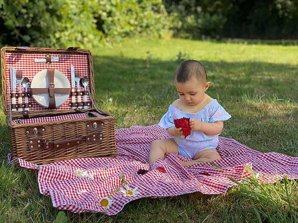 Ilyana participe au concours pour gagner de l'argent avec cette photo : basket, child, grass, home_accessories, person, picnic, picnic_basket, recreation, wicker