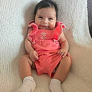 Kenia Yulissa joined the competition — help win amazing prizes! baby, infant, smile, happy, cute, child, sitting, clothing, socks, blanket, texture, portrait, indoors, young_child, face, person, pink_outfit, soft_lighting, comfortable, cozy