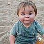 Shawn is registered to the contest to win money with this photo: baby, blue_eyes, casual_clothing, child, closeup, curious, daylight, face, green_shirt, nike_logo, orange_shorts, outdoor, person, playground, portrait, sand, sitting, summer, toddler, young_child