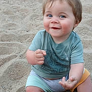 Shawn is registered to the contest to win money with this photo: baby, beach, blue_eyes, cheeks, child, cute, fun, green_shirt, hands, happy, outdoor, playful, portrait, sand, shorts, sitting, smile, summer, sunlight, young_child