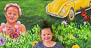 Bizzy is registered to the contest to win money with this photo: child, girl, mural, painting, flower, greenery, yellow_car, butterfly, pretzel, smiling, outdoor_art, nature, portrait, happy, dress, plants, colorful, background, artwork